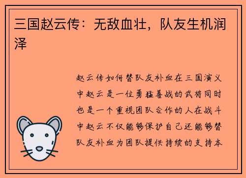 三国赵云传：无敌血壮，队友生机润泽